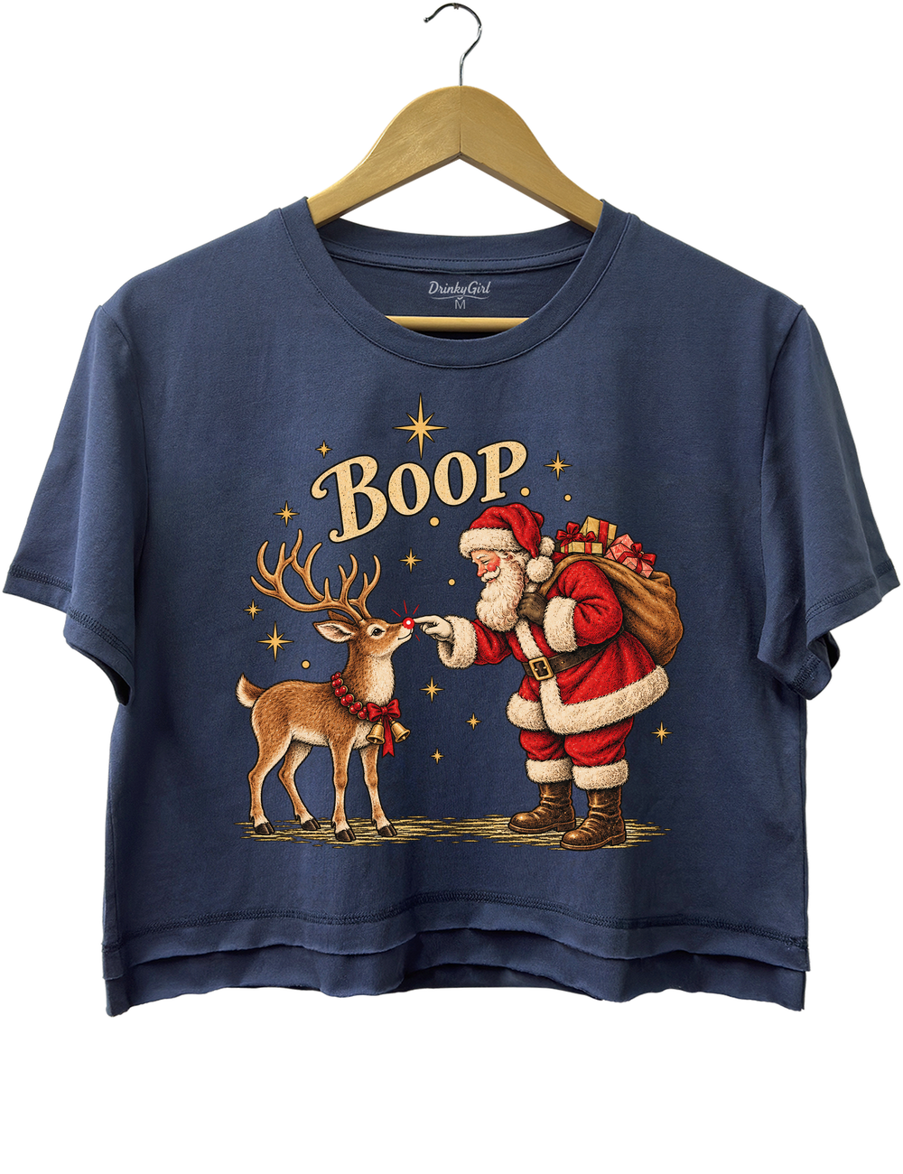 Boop Vintage Santa Claus and Red Nosed Reindeer Crop Top - Navy Blue