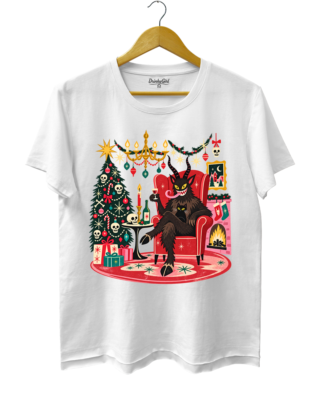 Retro Christmas Krampus with Black Cat and Wine Tee - White