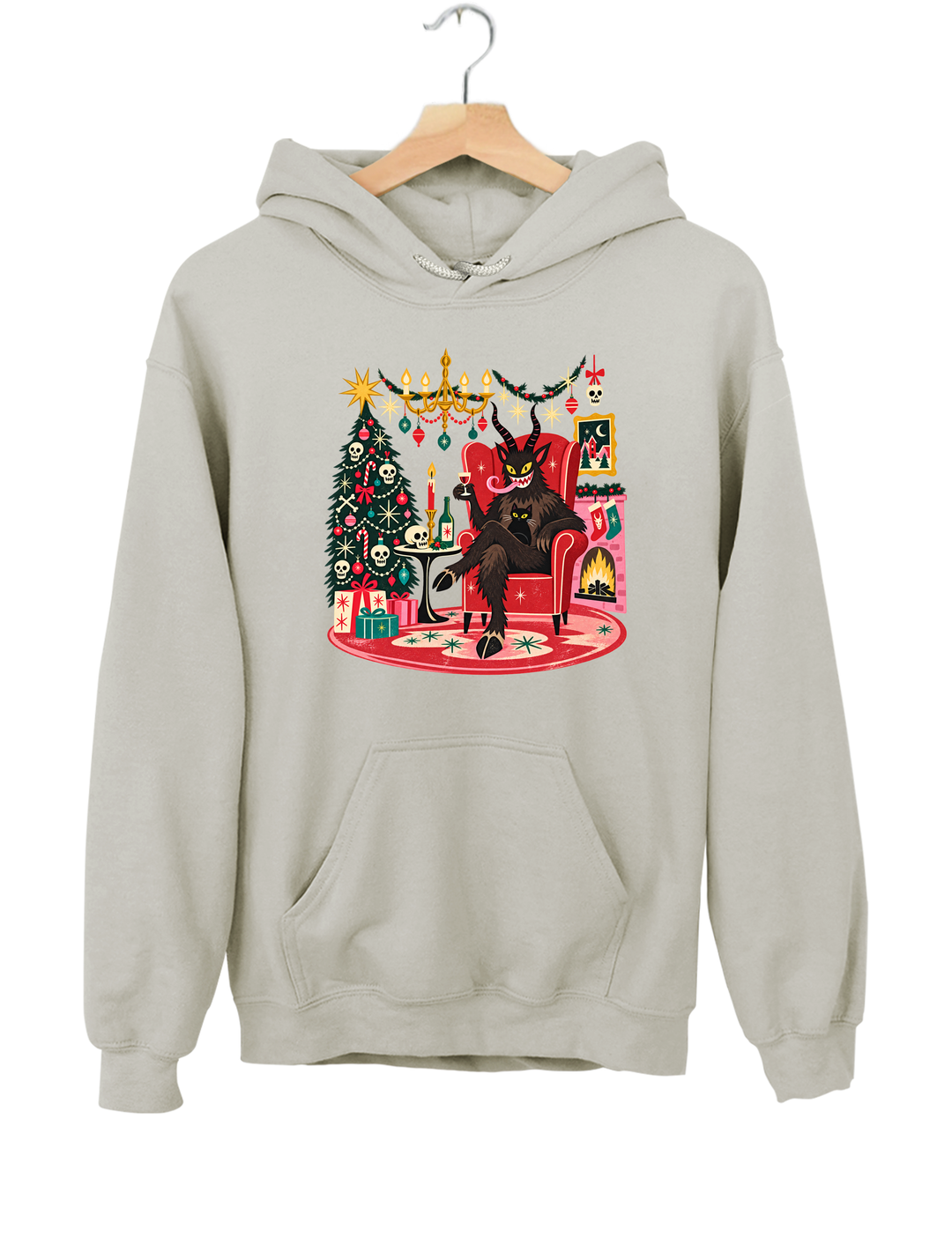 Retro Christmas Krampus with Black Cat and Wine Hoodie - Gray