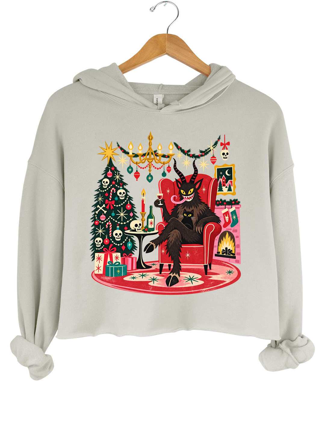 Retro Christmas Krampus with Black Cat and Wine Crop Hoodie - Gray