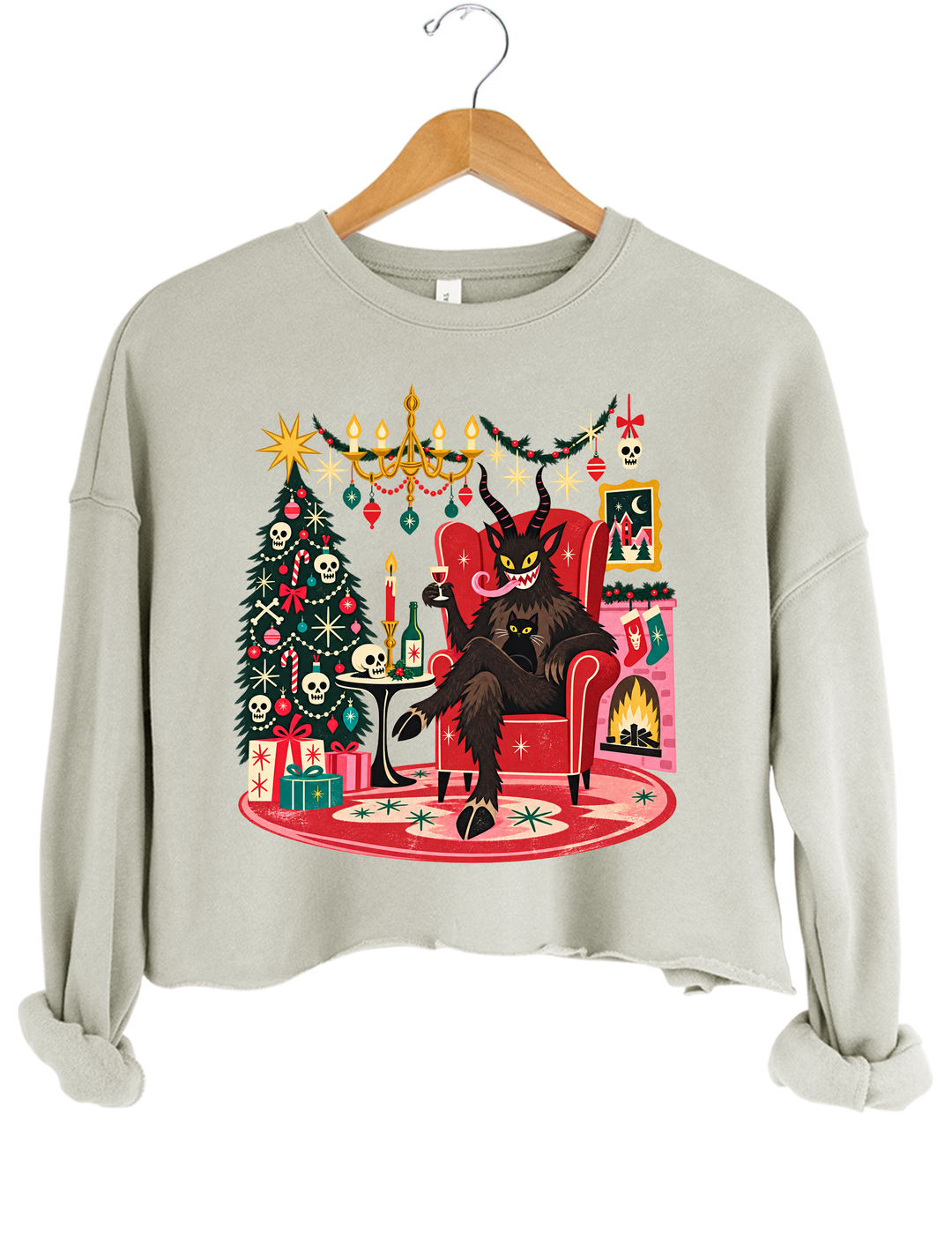 Retro Christmas Krampus with Black Cat and Wine Crop Sweatshirt - Gray