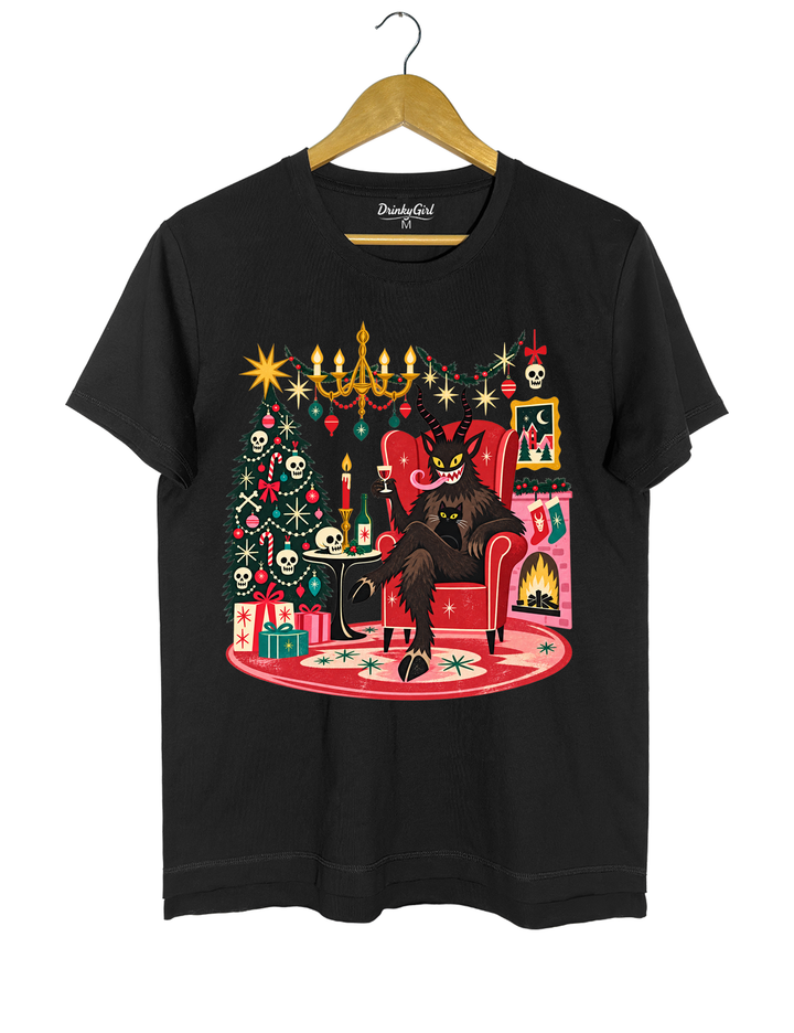Retro Christmas Krampus with Black Cat and Wine Tee - Black
