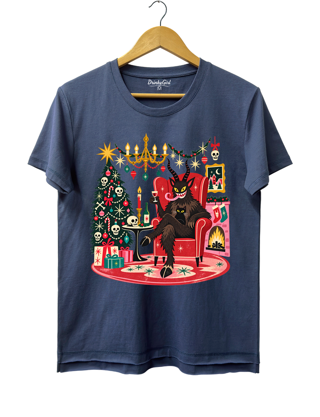 Retro Christmas Krampus with Black Cat and Wine Tee - Navy Blue