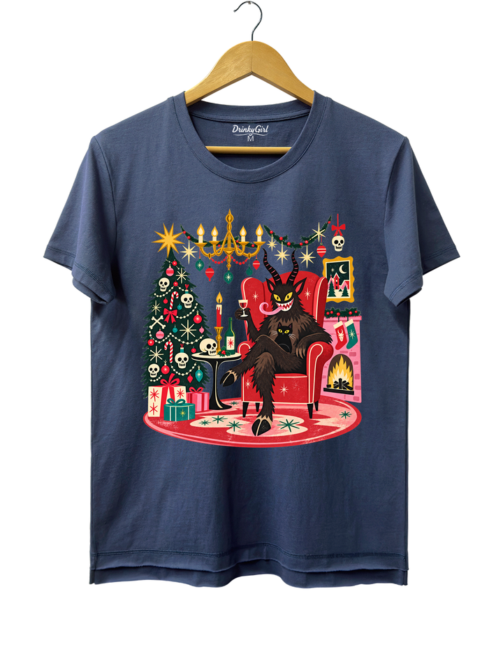 Retro Christmas Krampus with Black Cat and Wine Tee - Navy Blue