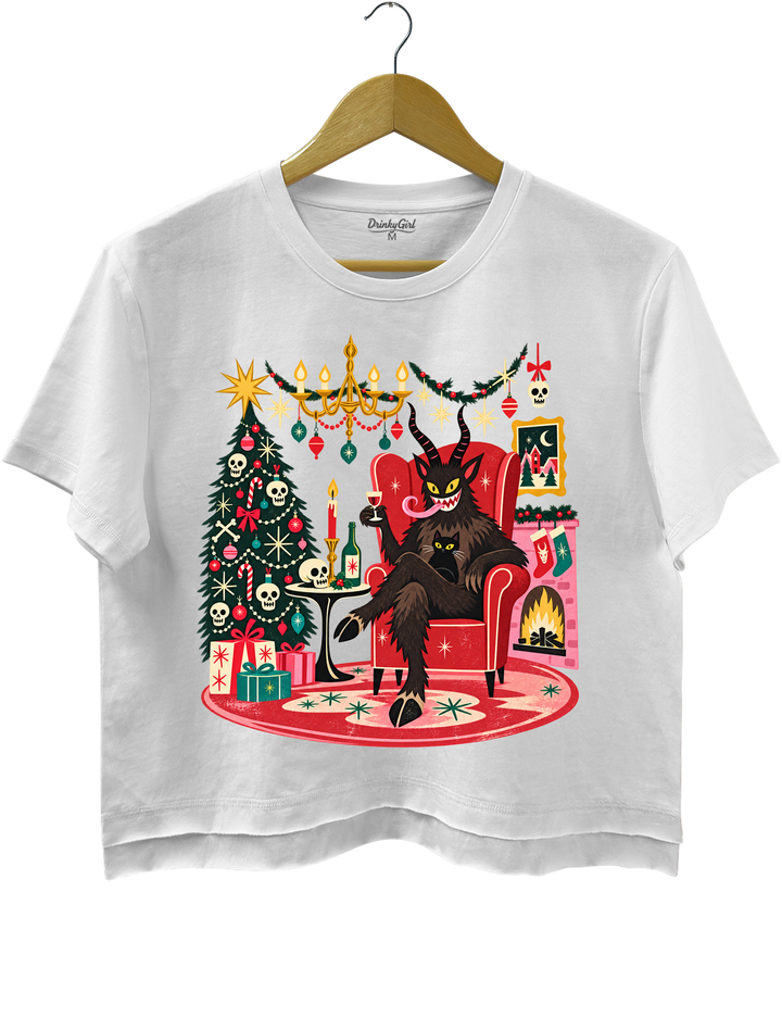 Retro Christmas Krampus with Black Cat and Wine Crop Top - White