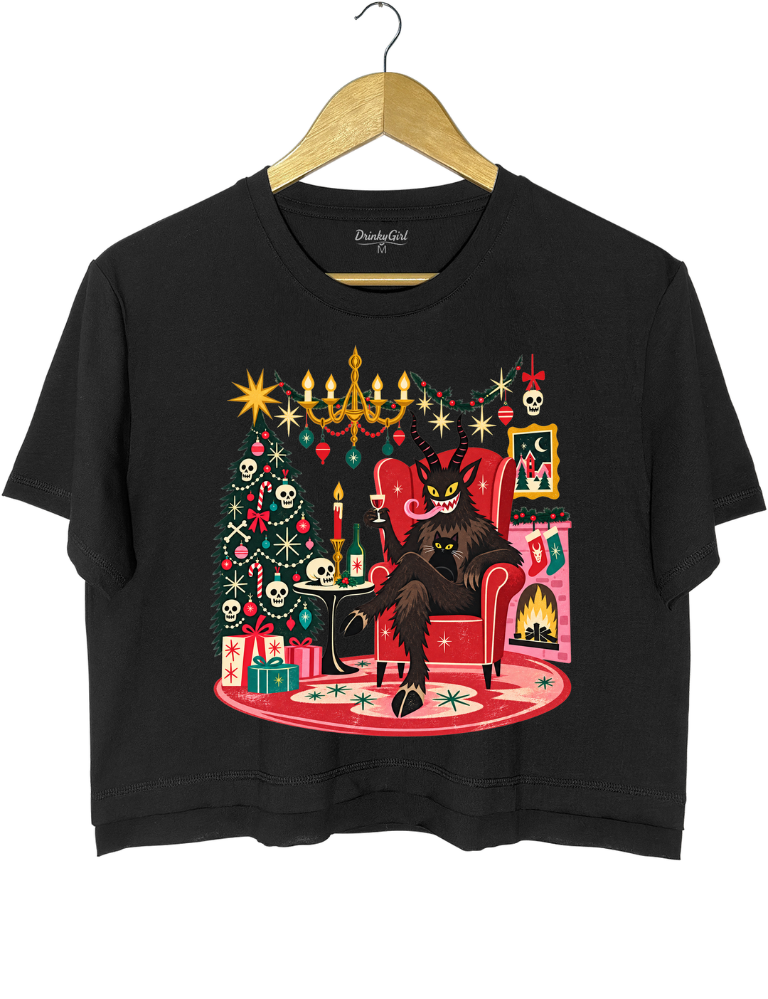Retro Christmas Krampus with Black Cat and Wine Crop Top - Black