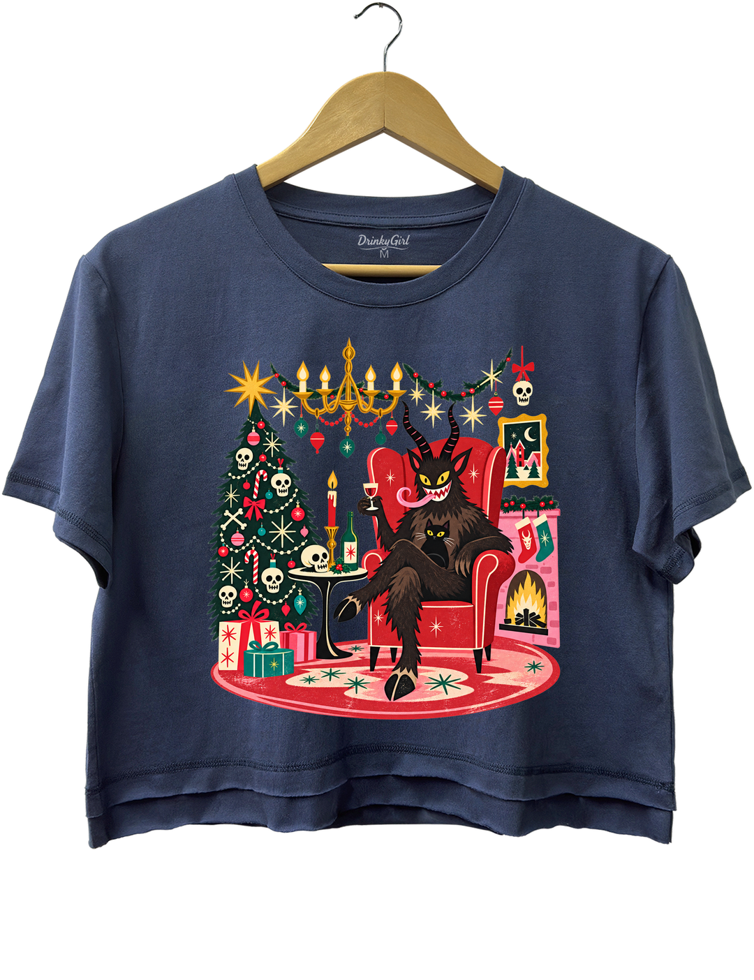 Retro Christmas Krampus with Black Cat and Wine Crop Top - Navy Blue