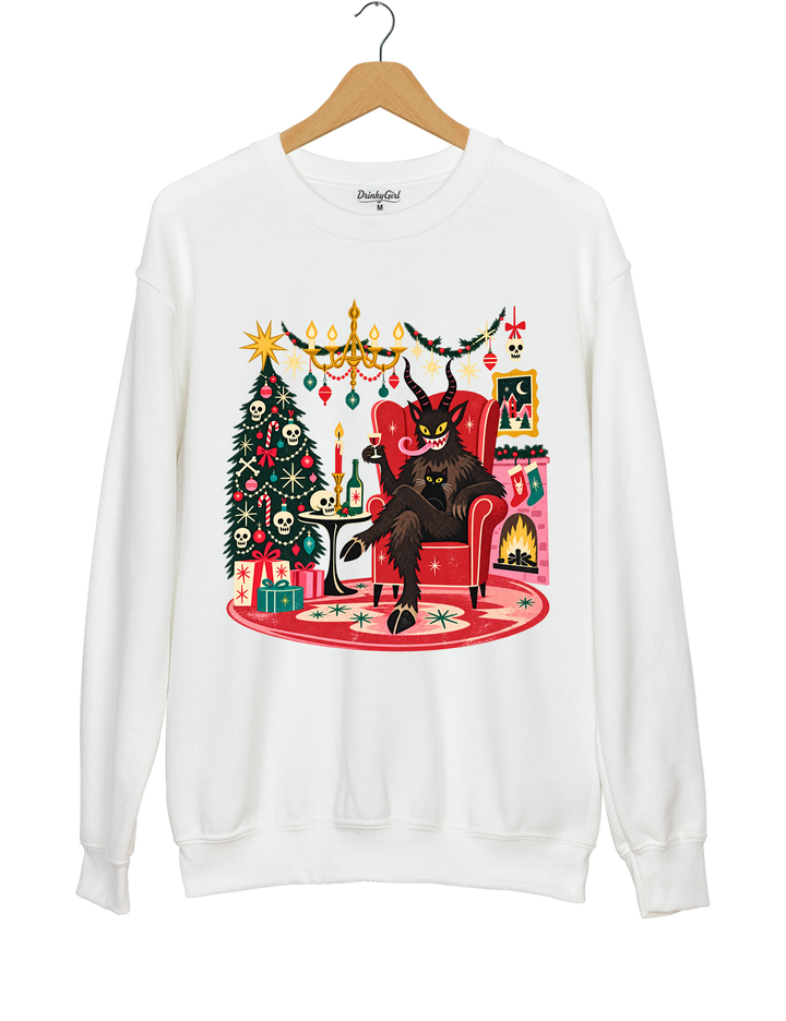 Retro Christmas Krampus with Black Cat and Wine Sweatshirt - White
