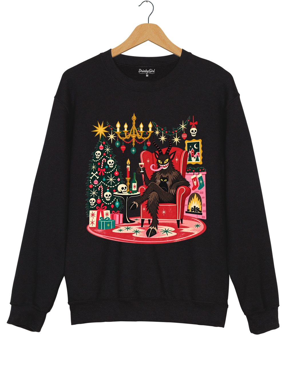 Retro Christmas Krampus with Black Cat and Wine Sweatshirt - Black