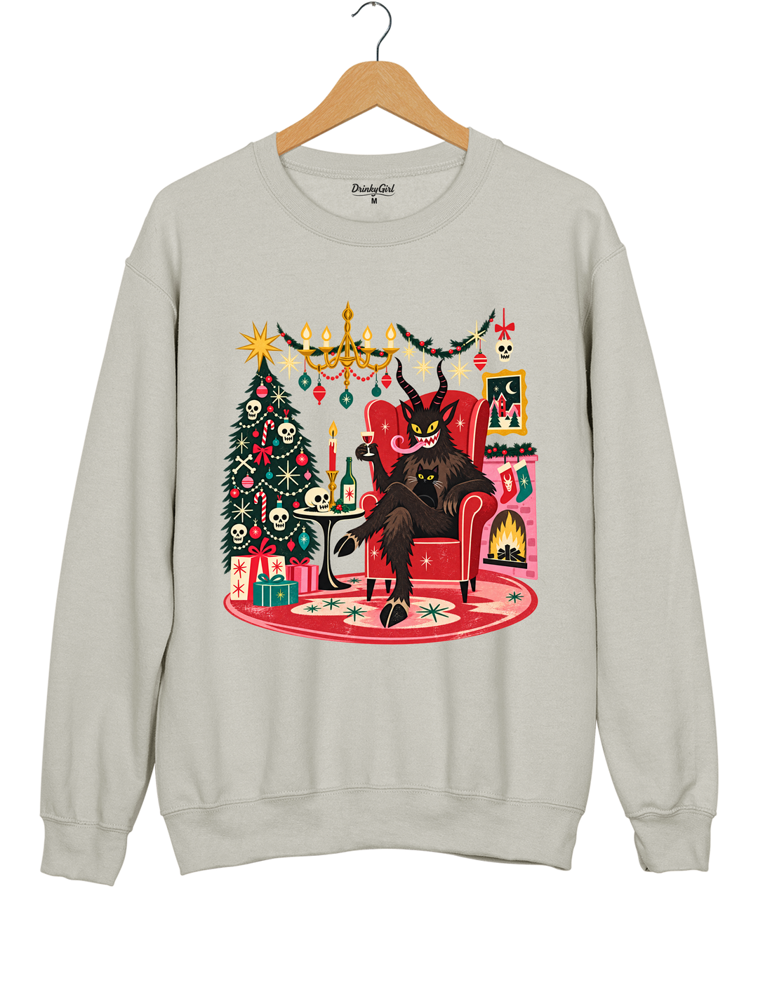 Retro Christmas Krampus with Black Cat and Wine Sweatshirt - Gray