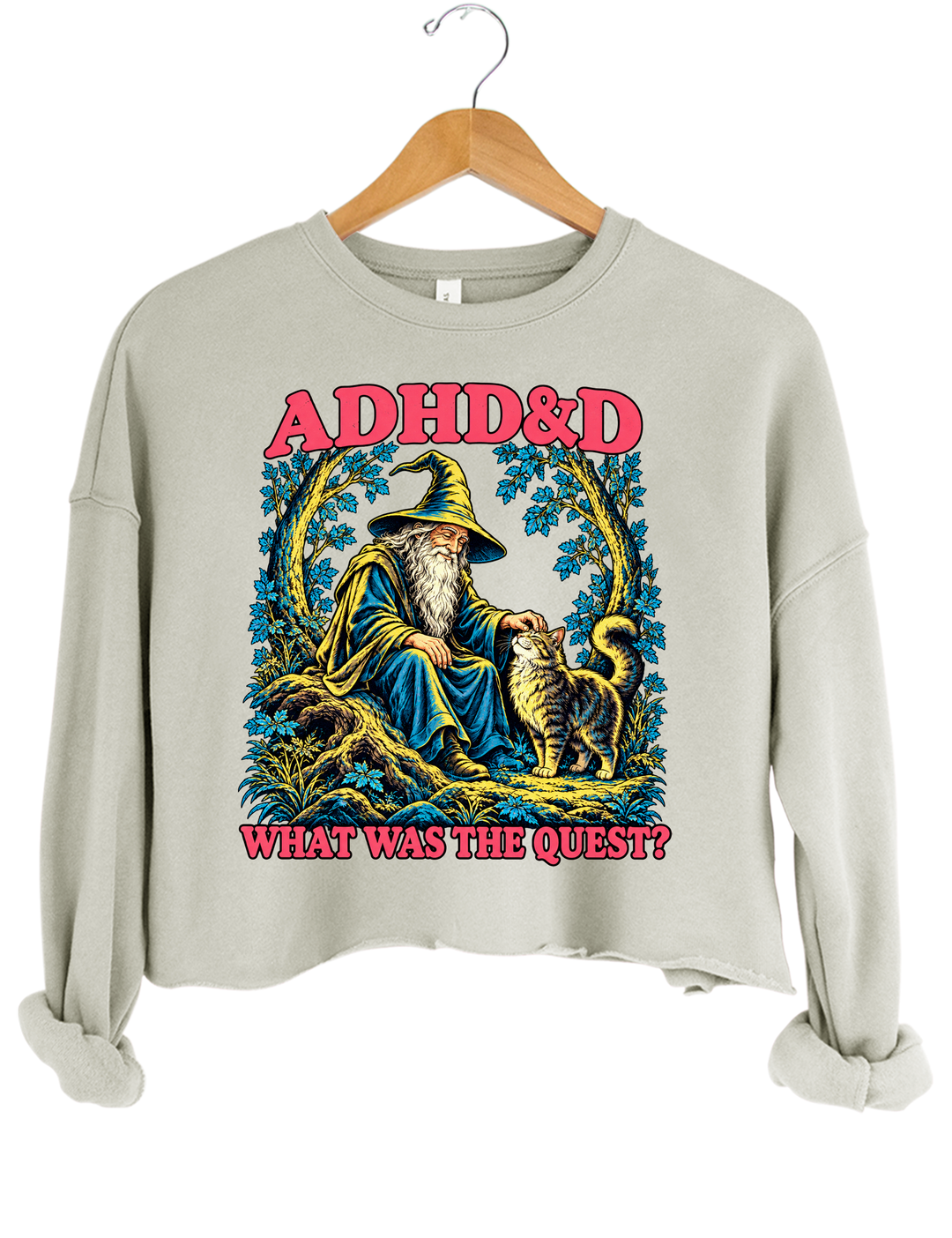 ADHD&amp;D What Was the Quest Wizard and Cat Crop Sweatshirt - Gray