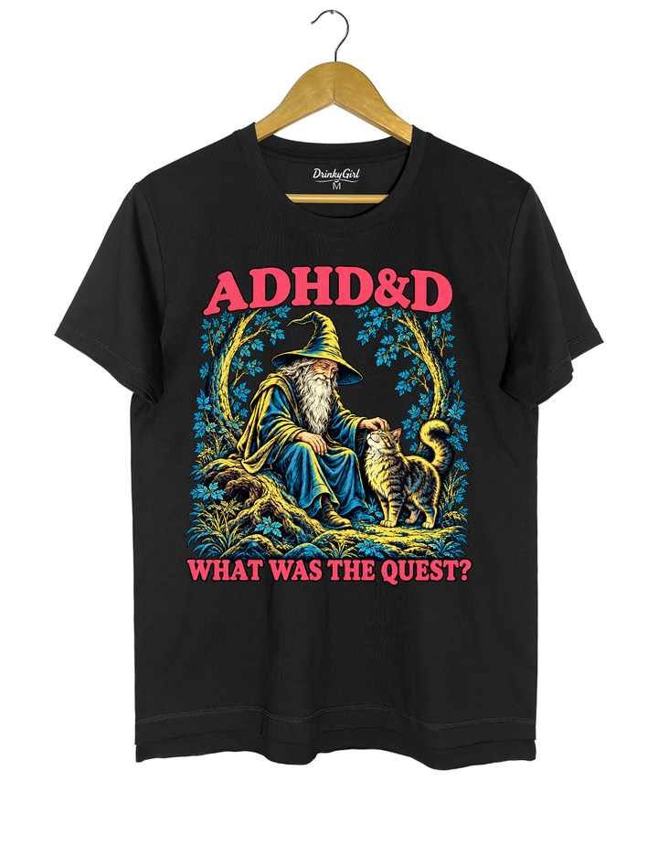 ADHD&amp;D What Was the Quest Wizard and Cat Tee - Black