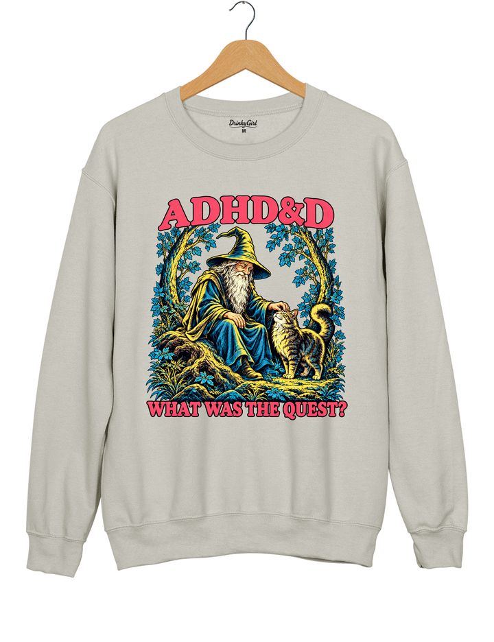 ADHD&amp;D What Was the Quest Wizard and Cat Sweatshirt - Gray