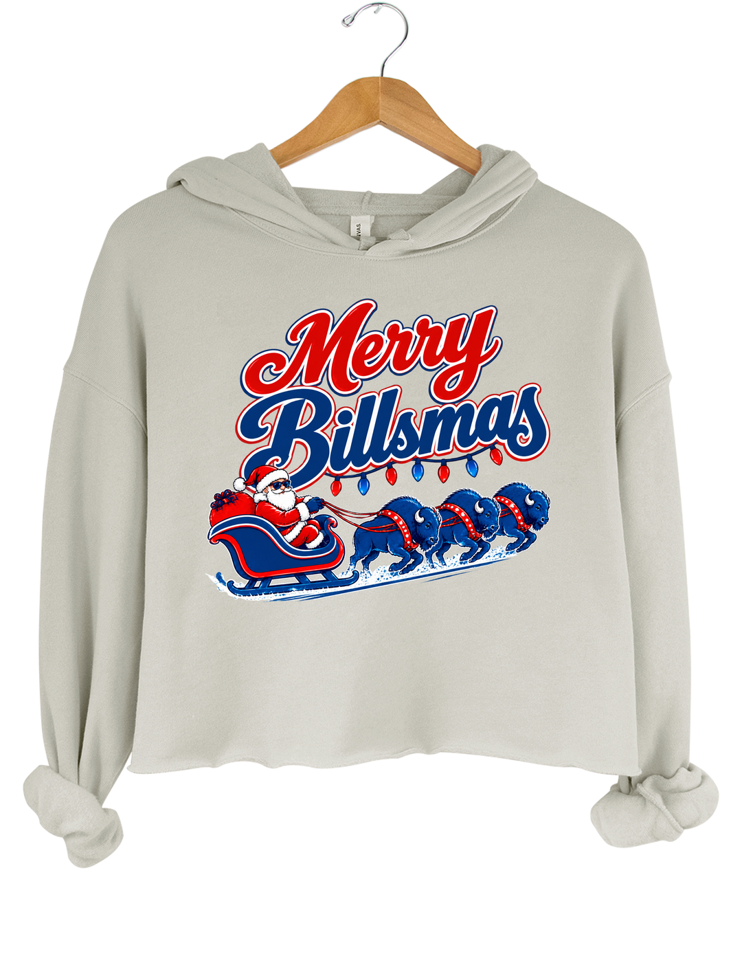 Merry Billsmas Santa Sleigh with Blue Buffalo Crop Hoodie - Gray