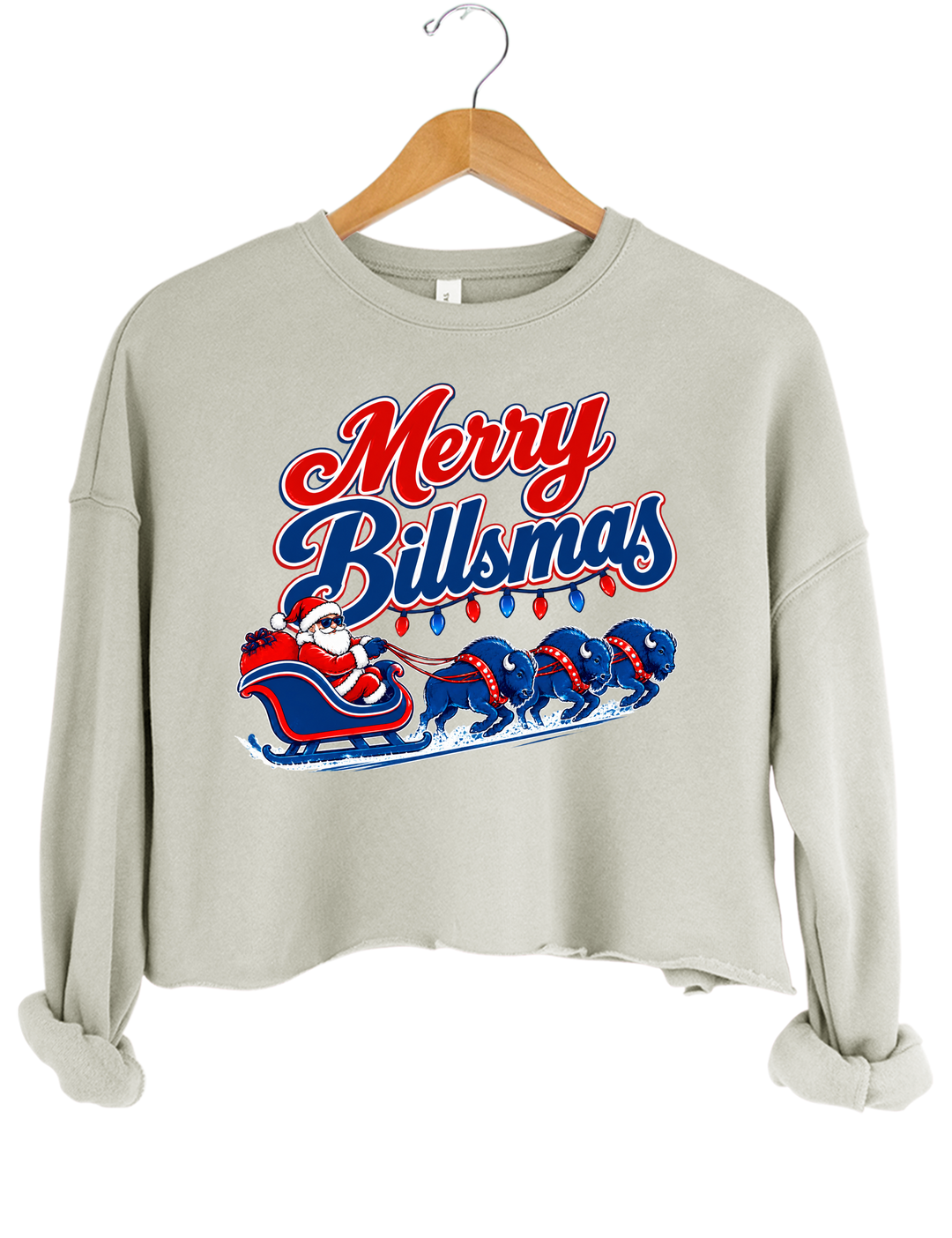 Merry Billsmas Santa Sleigh with Blue Buffalo Crop Sweatshirt - Gray