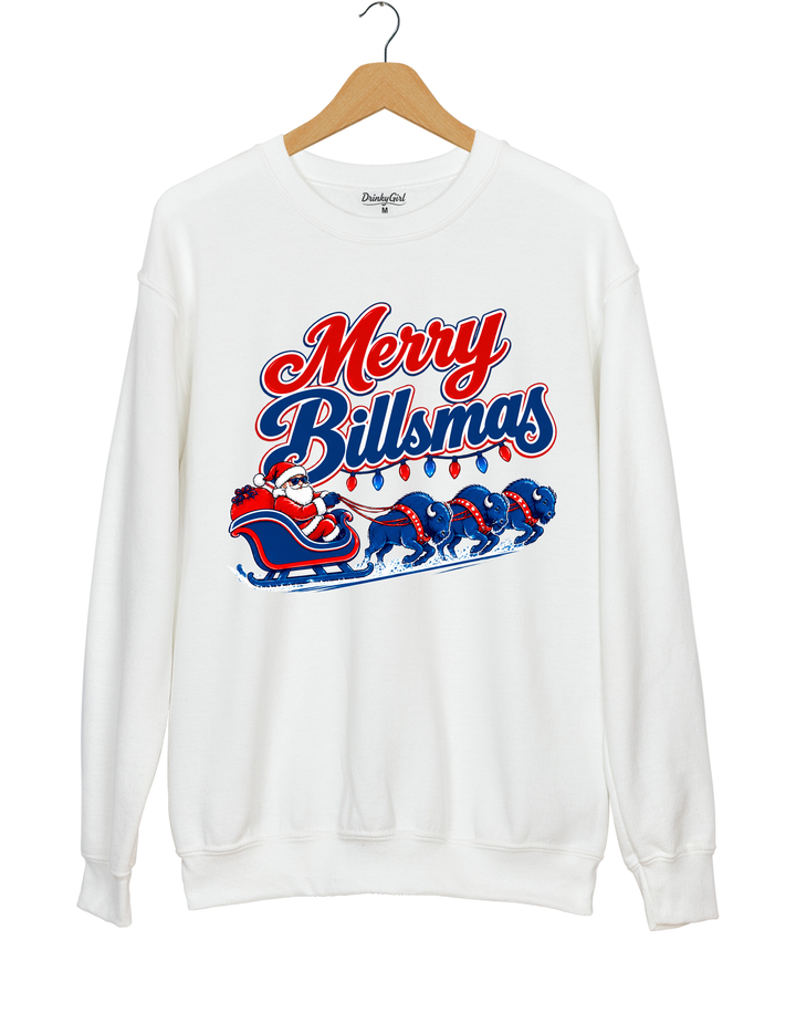 Merry Billsmas Santa Sleigh with Blue Buffalo Sweatshirt - White