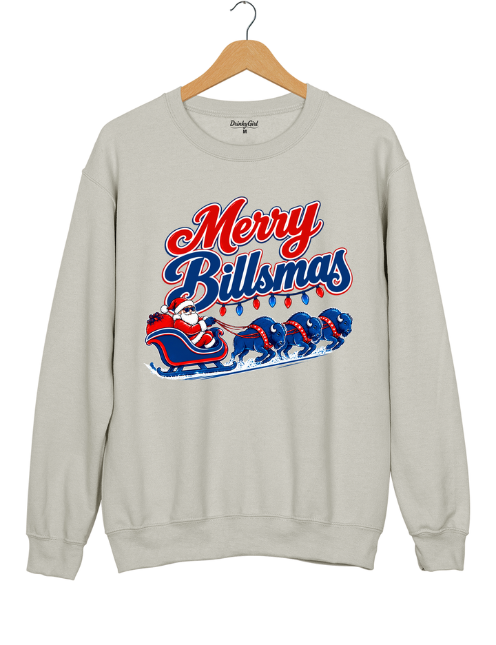 Merry Billsmas Santa Sleigh with Blue Buffalo Sweatshirt - Gray