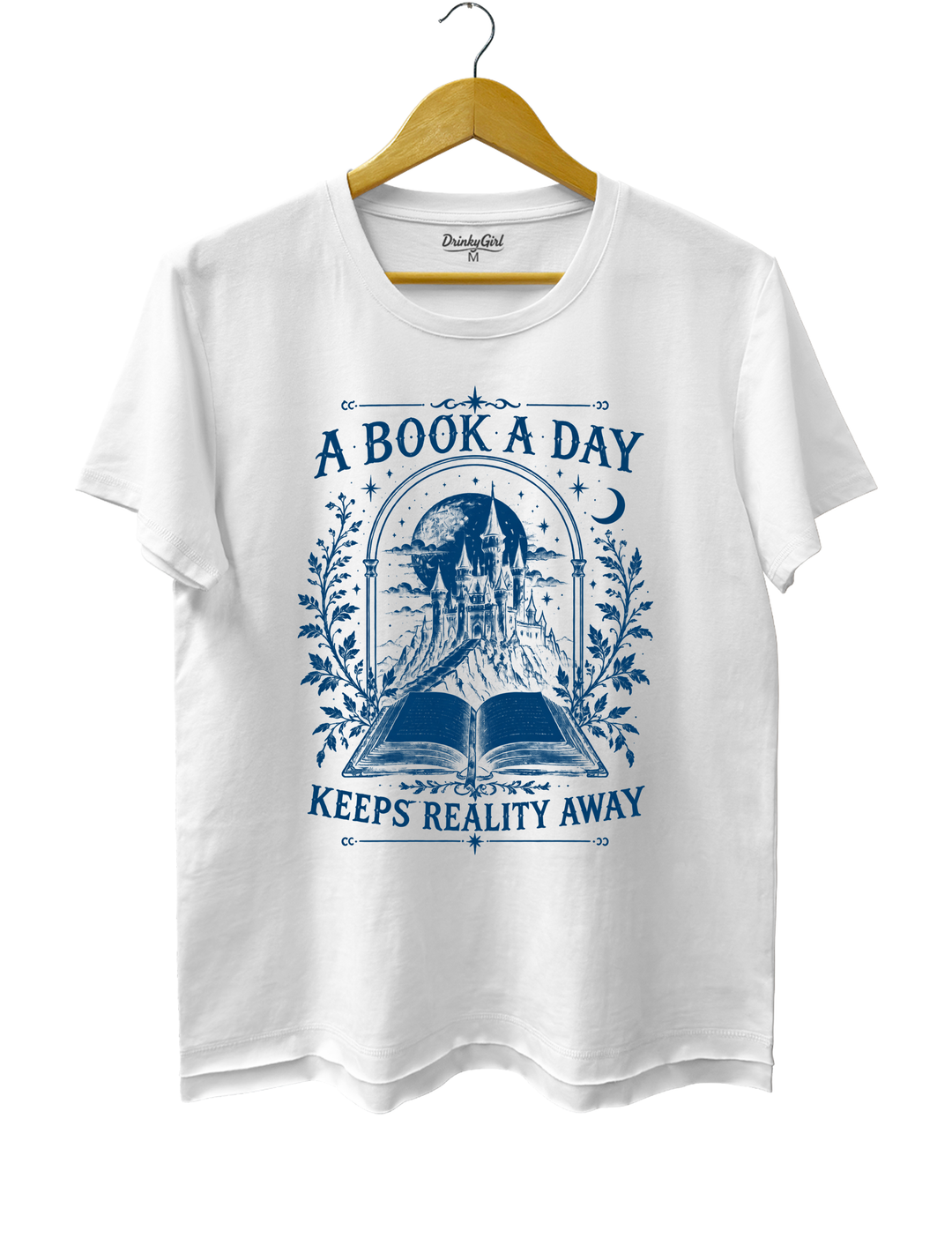 A Book a Day Keeps Reality Away Fantasy Castle Tee - White
