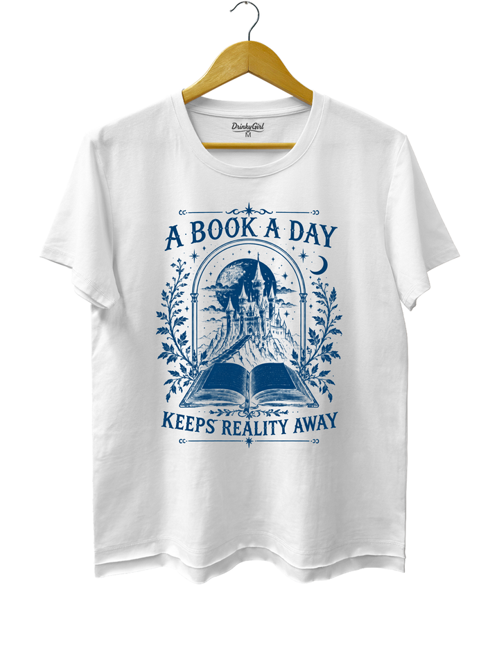 A Book a Day Keeps Reality Away Fantasy Castle Tee - White