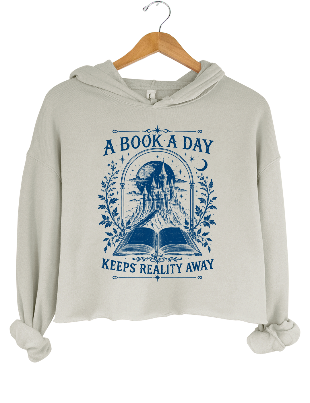 A Book a Day Keeps Reality Away Fantasy Castle Crop Hoodie - Gray