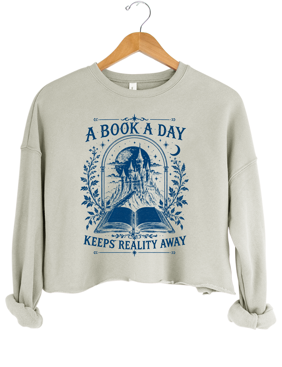 A Book a Day Keeps Reality Away Fantasy Castle Crop Sweatshirt - Gray