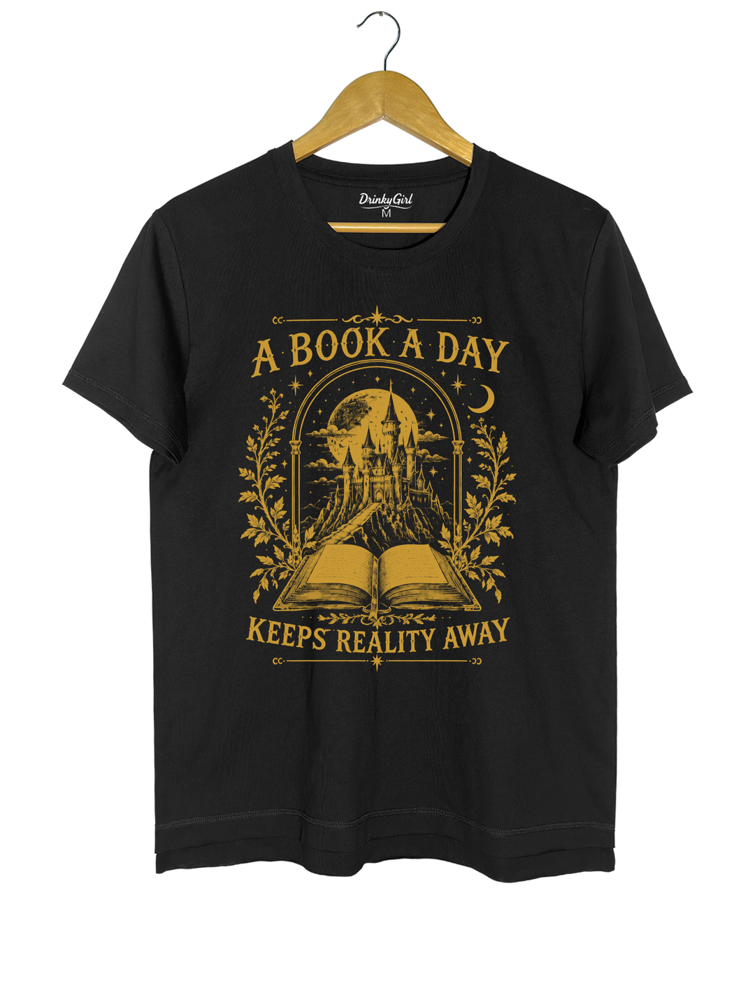 A Book a Day Keeps Reality Away Fantasy Castle Tee - Black