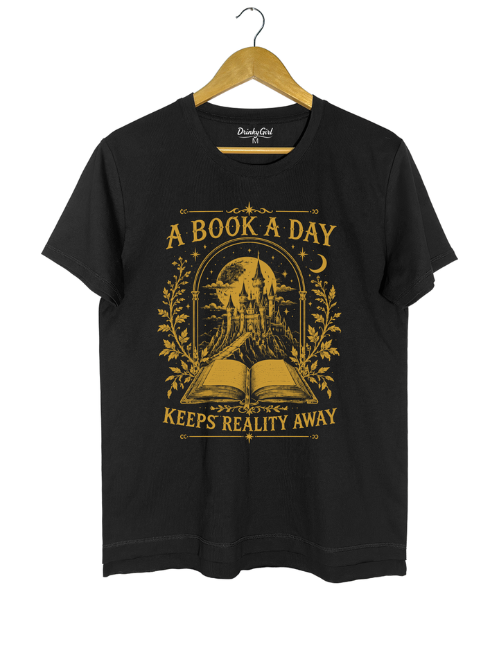A Book a Day Keeps Reality Away Fantasy Castle Tee - Black