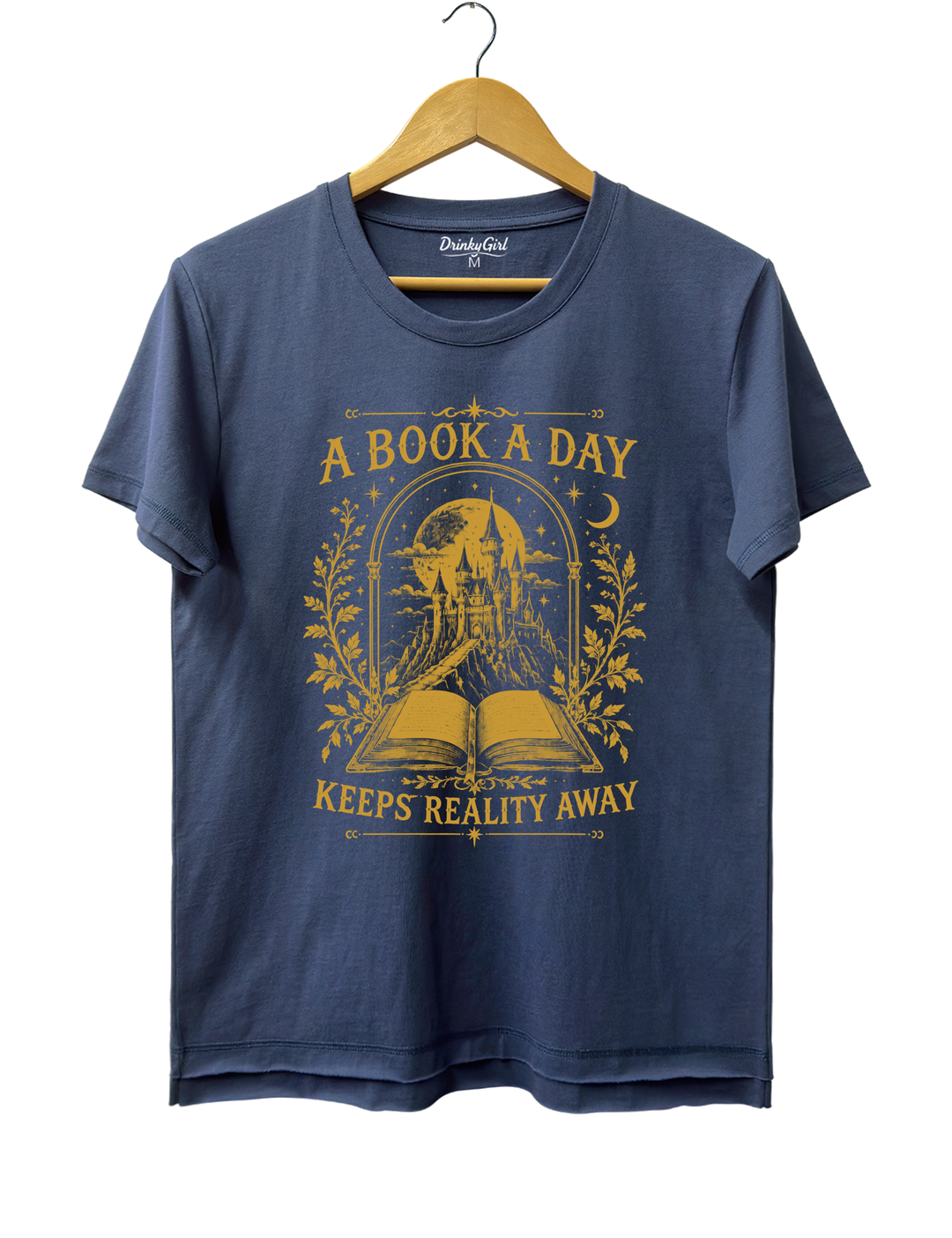 A Book a Day Keeps Reality Away Fantasy Castle Tee - Navy Blue