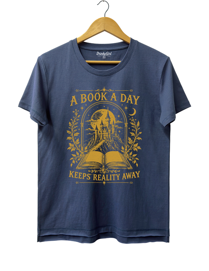 A Book a Day Keeps Reality Away Fantasy Castle Tee - Navy Blue