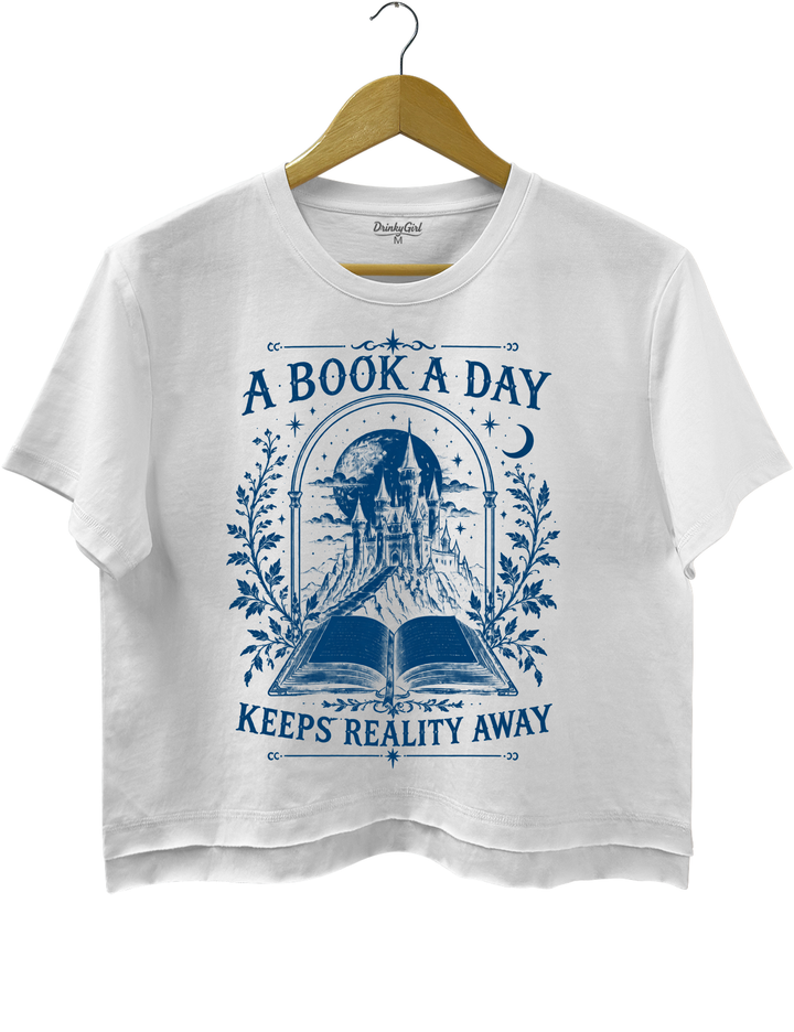 A Book a Day Keeps Reality Away Fantasy Castle Crop Top - White