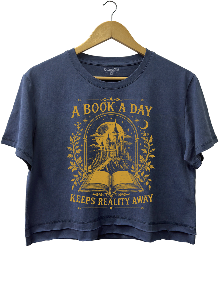 A Book a Day Keeps Reality Away Fantasy Castle Crop Top - Navy Blue