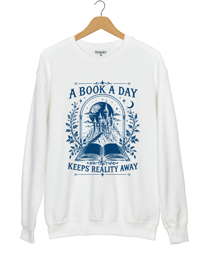 A Book a Day Keeps Reality Away Fantasy Castle Sweatshirt - White