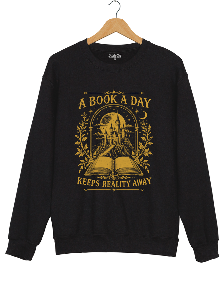 A Book a Day Keeps Reality Away Fantasy Castle Sweatshirt - Black