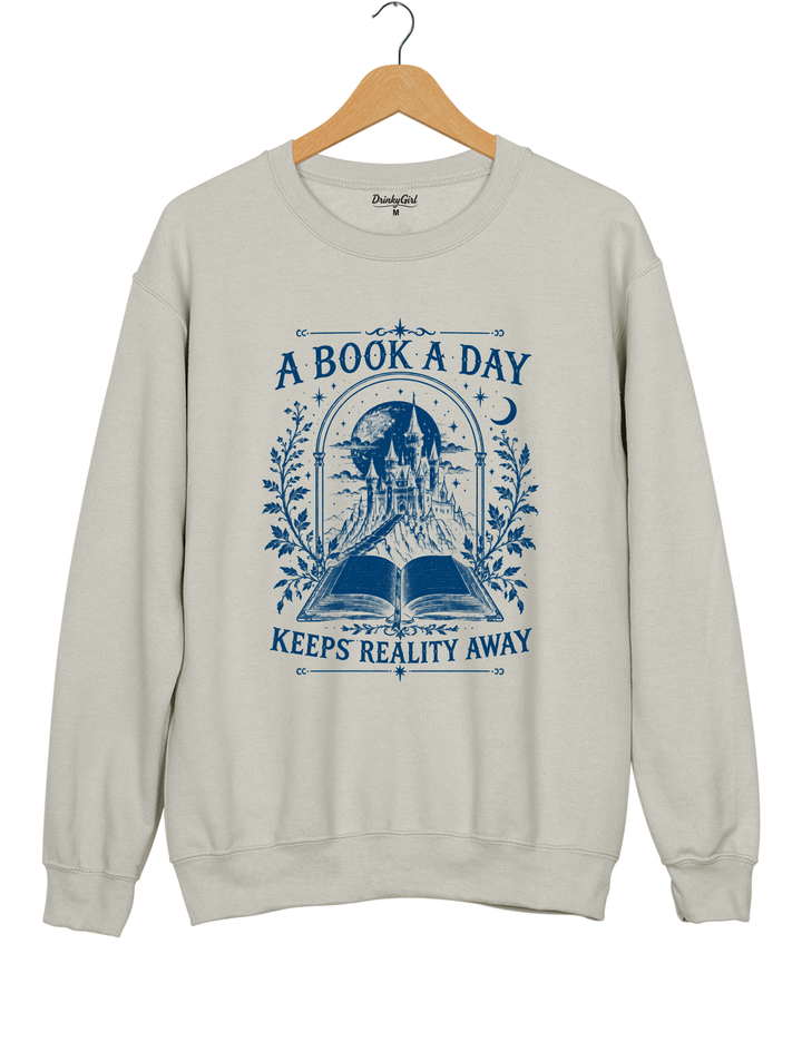 A Book a Day Keeps Reality Away Fantasy Castle Sweatshirt - Gray