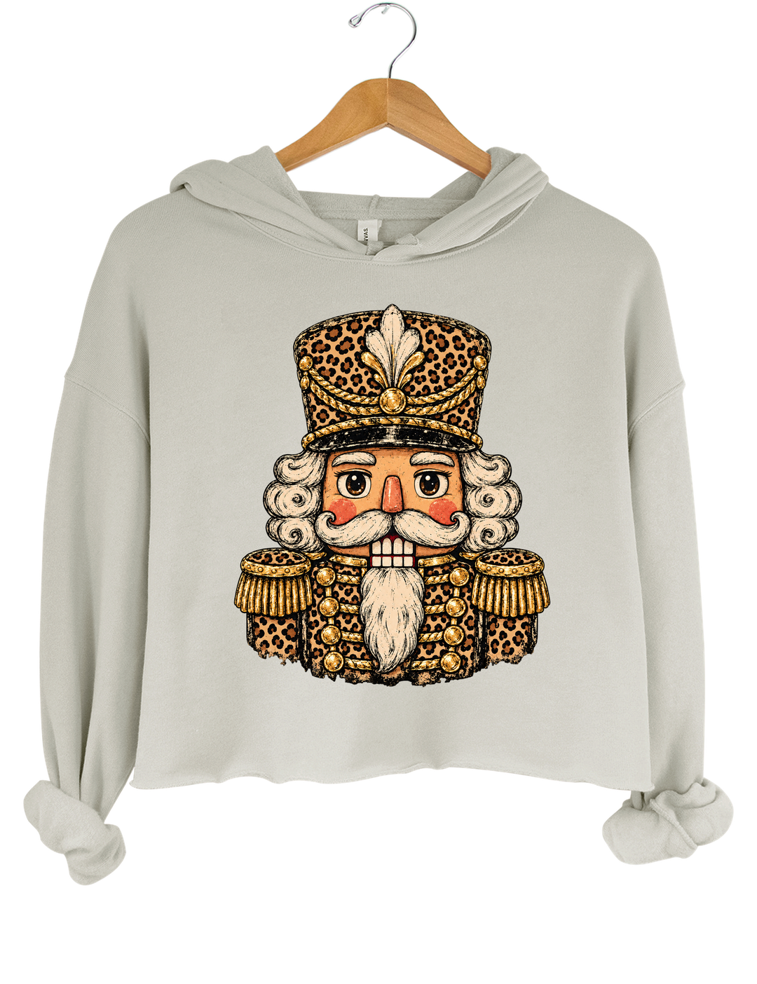 Vintage Leopard Print Nutcracker Soldier Crop Hoodie - Gray