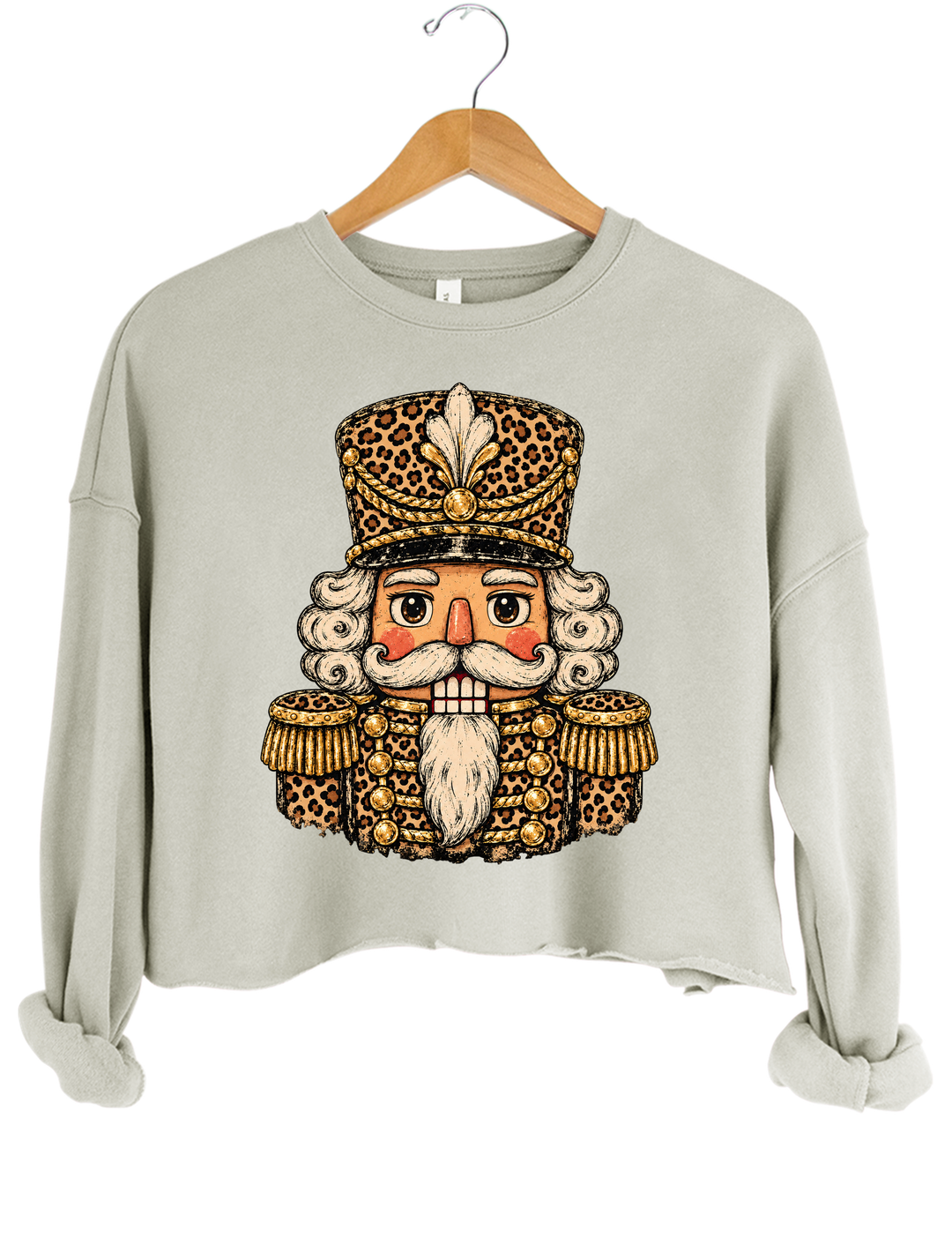 Vintage Leopard Print Nutcracker Soldier Crop Sweatshirt - Gray