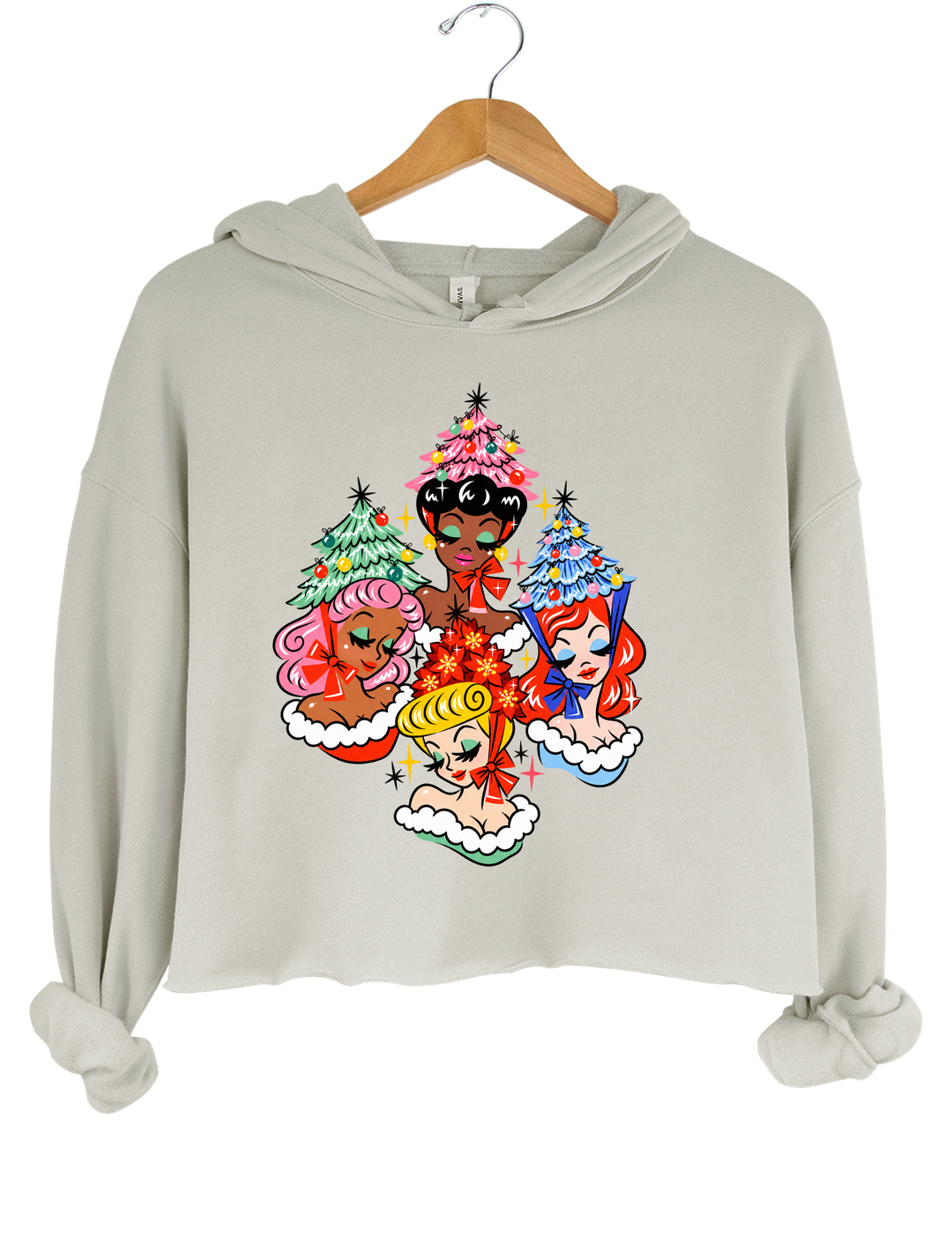Christmas Glamour Girls Crop Hoodie - Gray