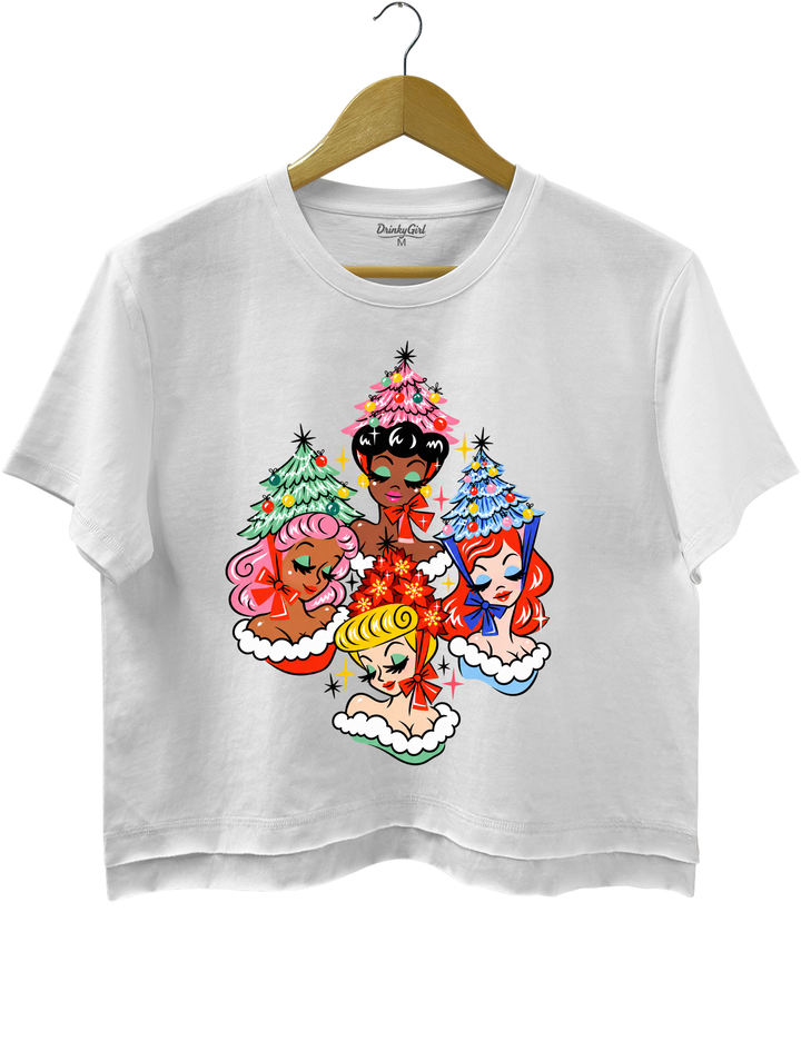 Christmas Glamour Girls Crop Top - White