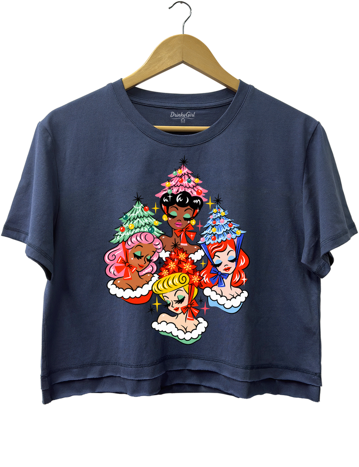 Christmas Glamour Girls Crop Top - Navy Blue