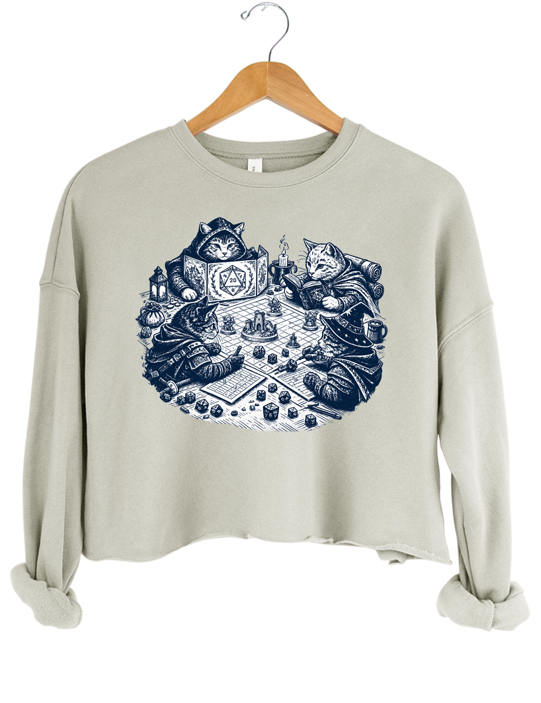 Cats Playing Tabletop RPG DND Crop Sweatshirt - Gray