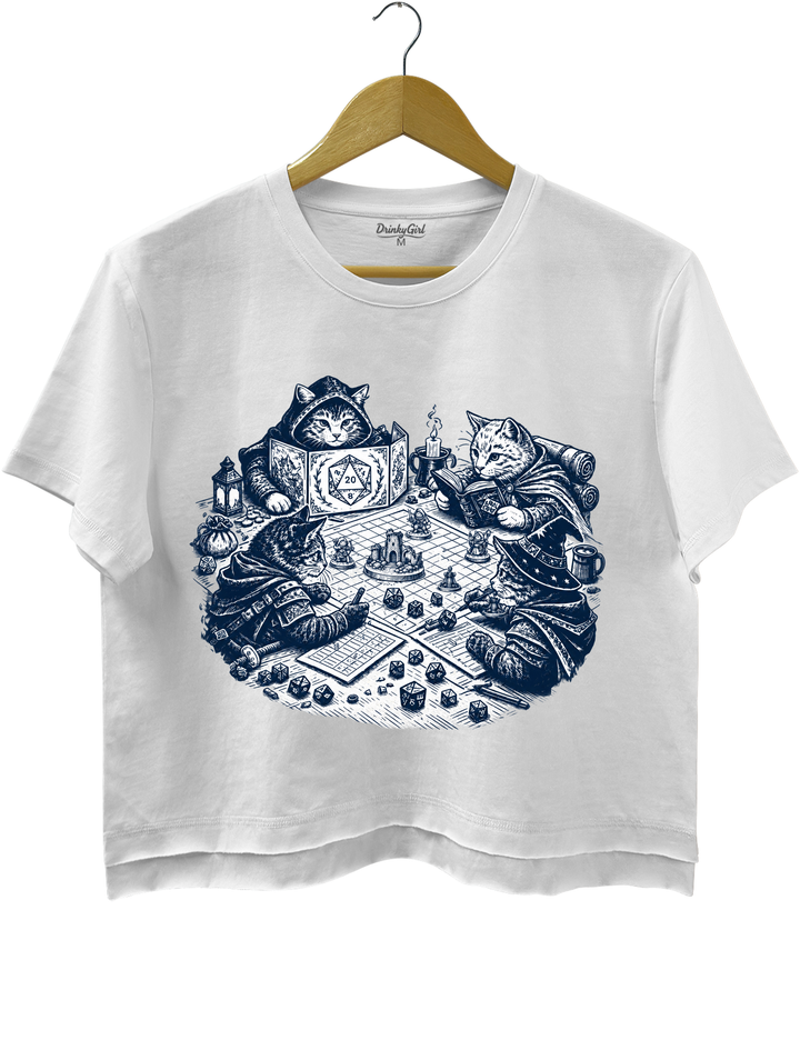 Cats Playing Tabletop RPG DND Crop Top - White