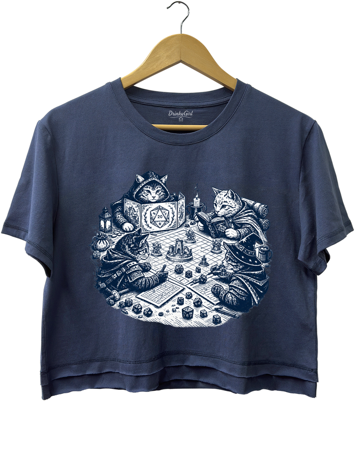 Cats Playing Tabletop RPG DND Crop Top - Navy Blue