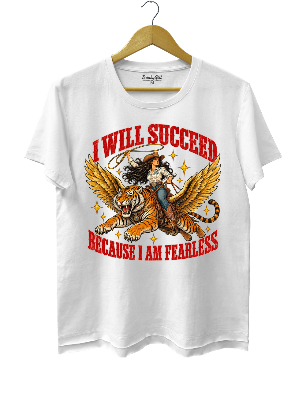 I Will Succeed Because I Am Fearless Cowgirl Flying Tiger Tee - White