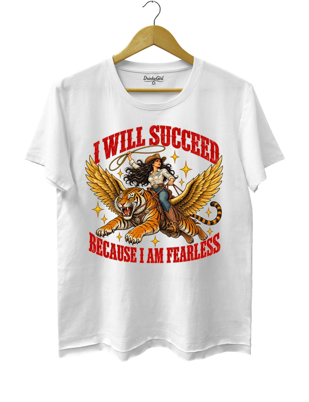 I Will Succeed Because I Am Fearless Cowgirl Flying Tiger Tee - White