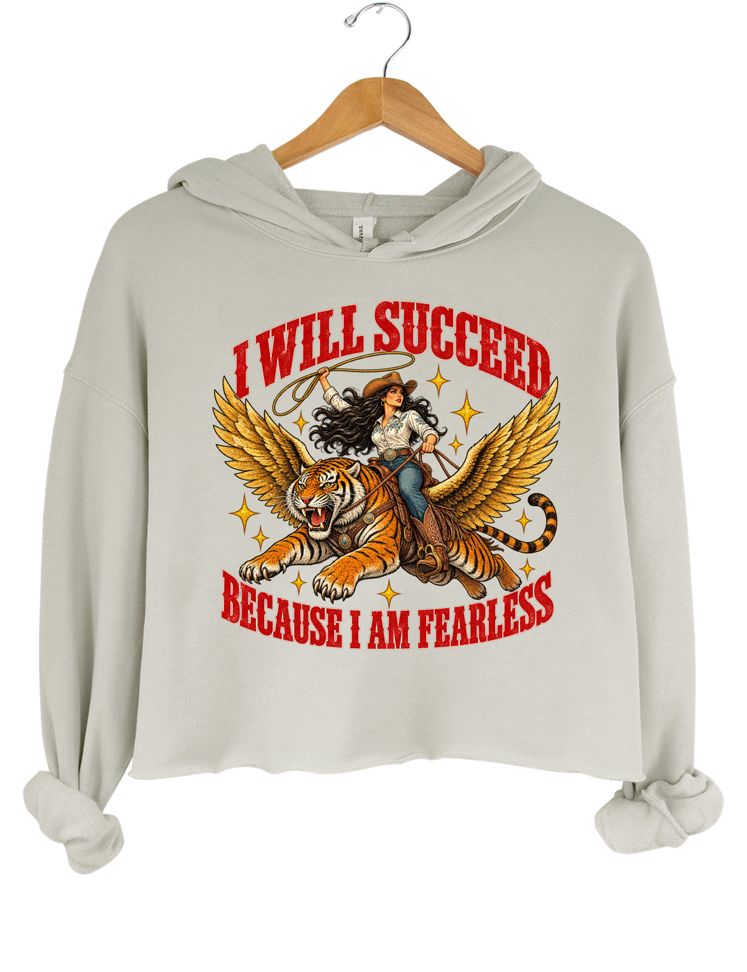 I Will Succeed Because I Am Fearless Cowgirl Flying Tiger Crop Hoodie - Gray