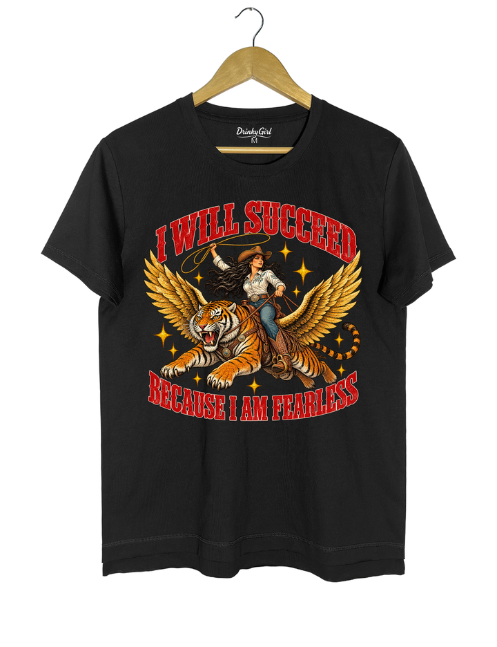 I Will Succeed Because I Am Fearless Cowgirl Flying Tiger Tee - Black