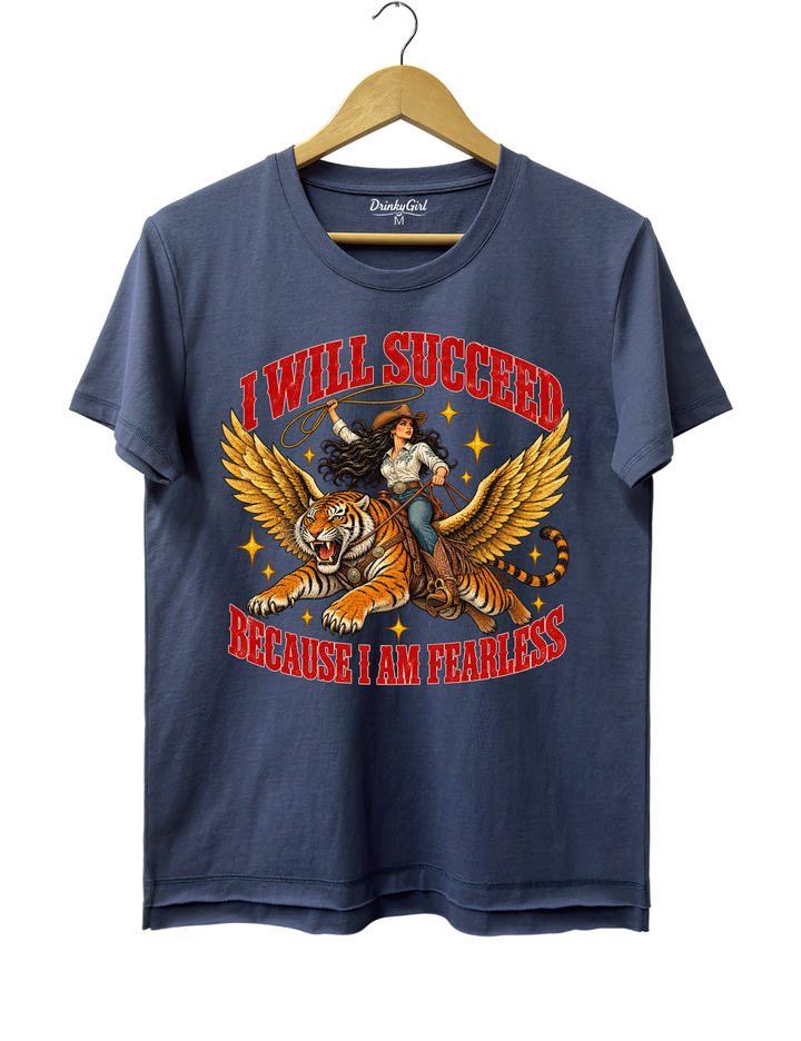 I Will Succeed Because I Am Fearless Cowgirl Flying Tiger Tee - Navy Blue