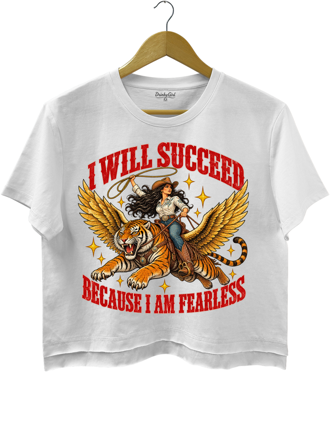 I Will Succeed Because I Am Fearless Cowgirl Flying Tiger Crop Top - White
