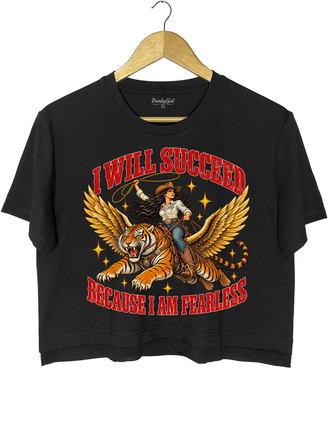 I Will Succeed Because I Am Fearless Cowgirl Flying Tiger Crop Top - Black