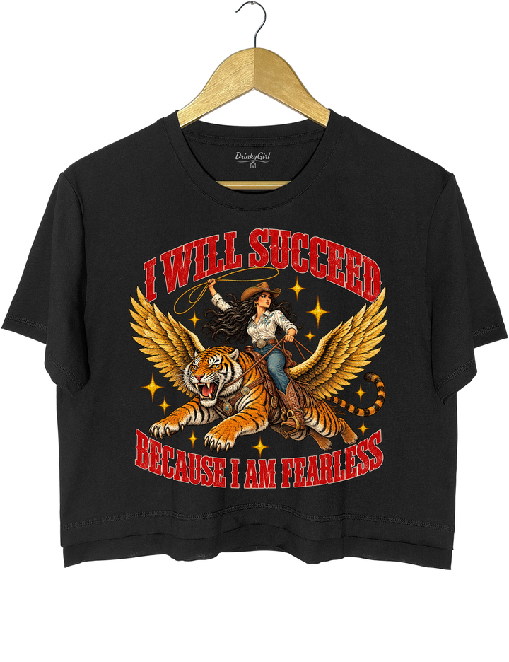 I Will Succeed Because I Am Fearless Cowgirl Flying Tiger Crop Top - Black